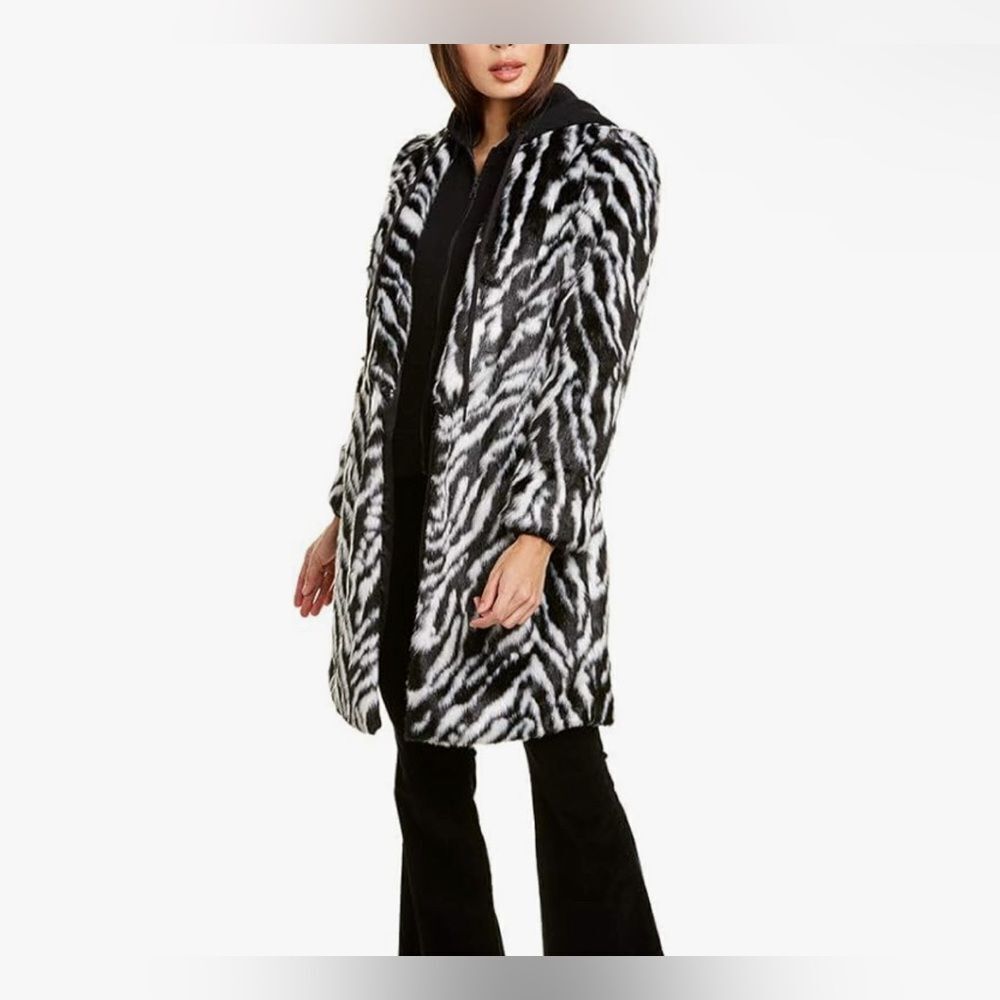 Alice + Olivia Kylie Faux Fur Zip-Up Hoodie Insert Jacket Coat Layered Zebra